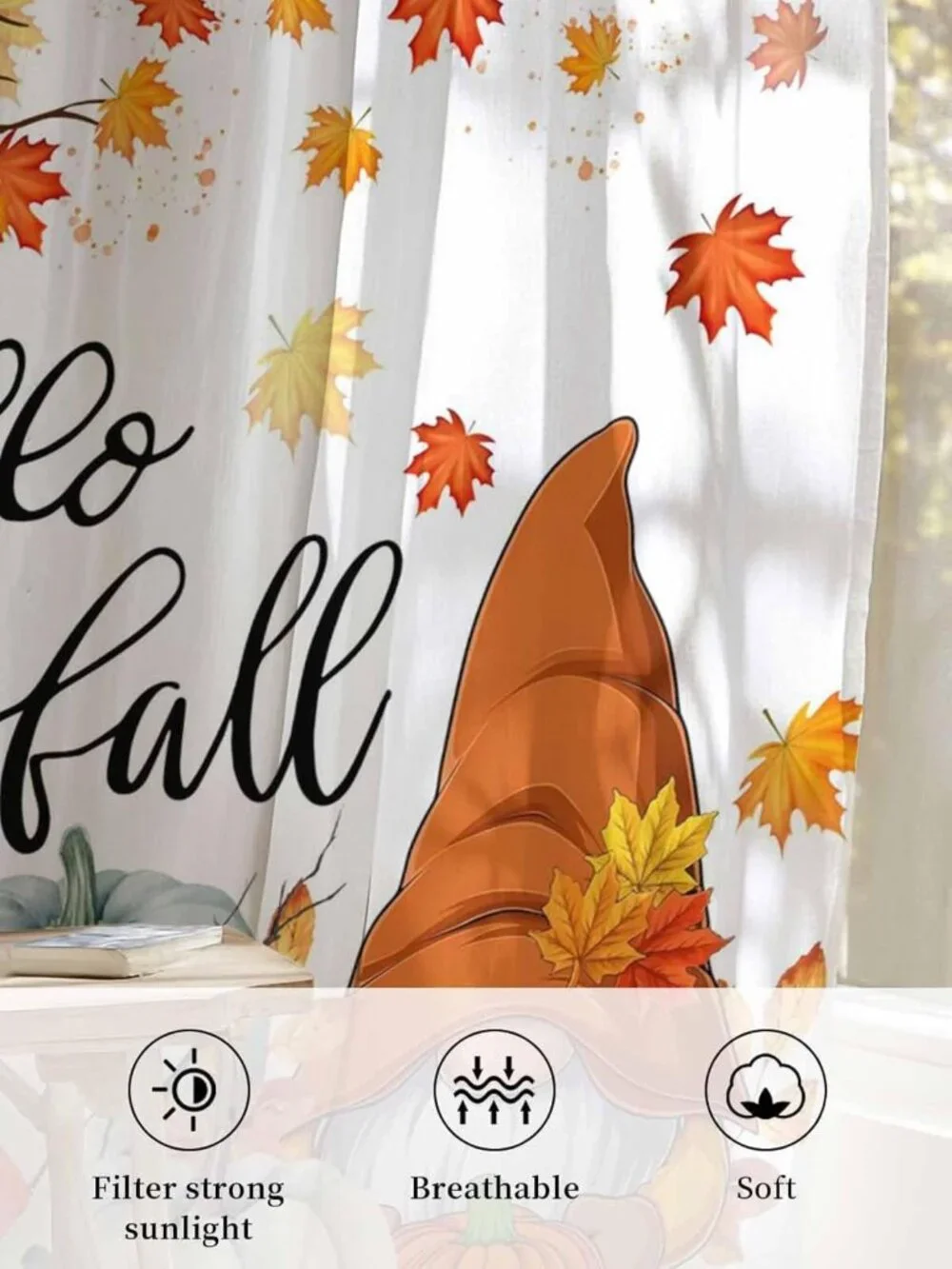 Thanksgiving Gnome Pumpkin Semi-Sheer Curtains, Fall Maple Leaves Drapes, 63